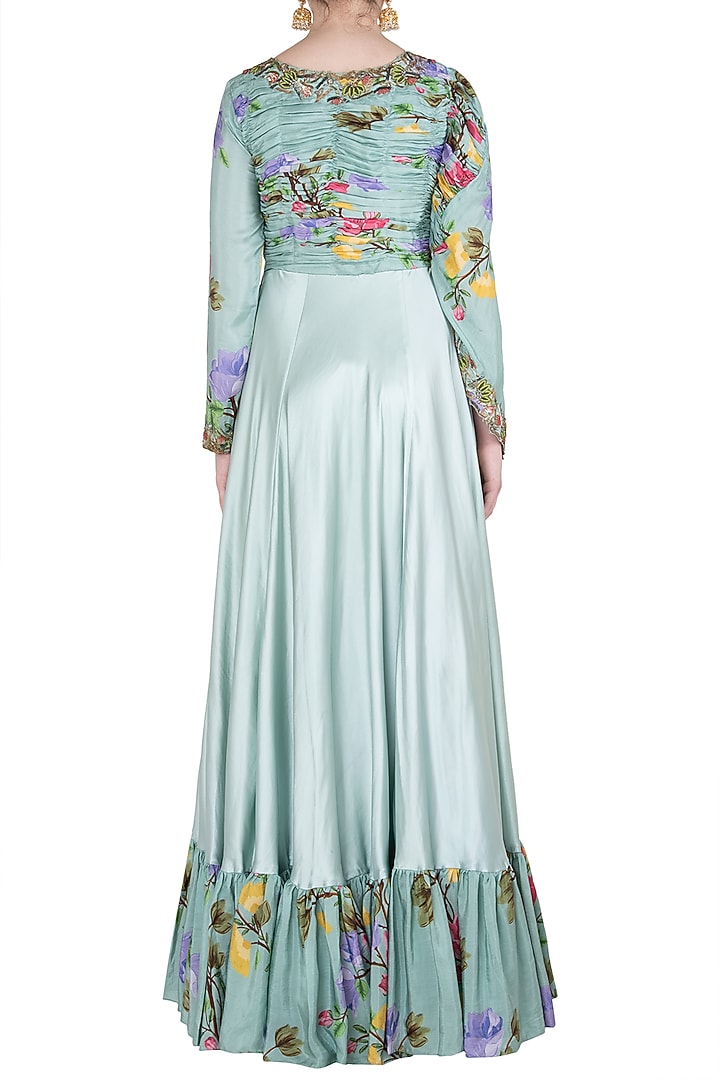 Green printed and embroidered cape anarkali gown available only at Pernia's Pop Up Shop.