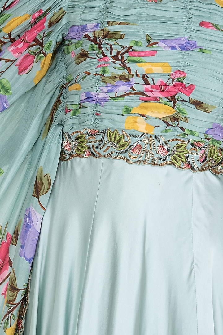 Green printed and embroidered cape anarkali gown available only at Pernia's Pop Up Shop.