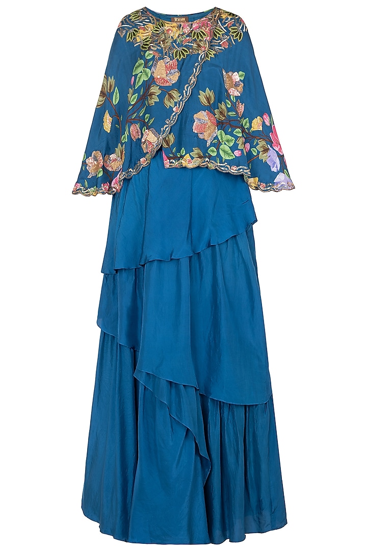 Blue Printed and Embroidered Cape Blouse with Layered Lehenga Skirt by Riraan By Rikita & Ratna