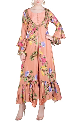 Rust Printed and Embroidered Jacket with Dhoti Jumpsuit by Riraan By Rikita & Ratna