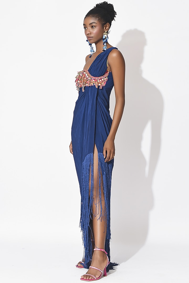 Electric Blue & Ochre Crepe Cutwork Bodysuit Cocktail Dress by Rishi & Vibhuti at Pernia's Pop Up Shop