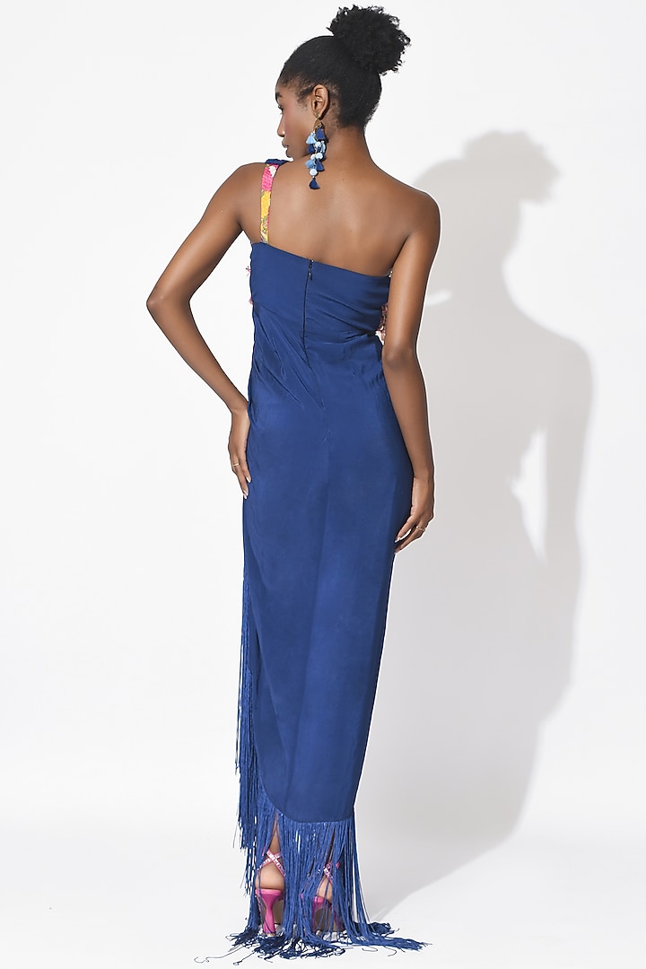 Electric Blue & Ochre Crepe Cutwork Bodysuit Cocktail Dress by Rishi & Vibhuti at Pernia's Pop Up Shop