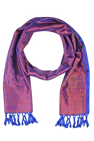 Royal Blue Floral Print Banarasi Handwoven Tihra Meena Stole by Harita