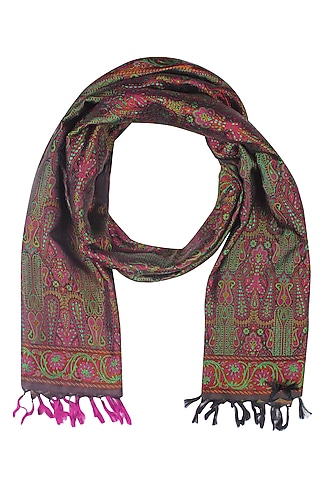 Black Floral Print Banarasi Handwoven Tihra Meena Stole by Harita