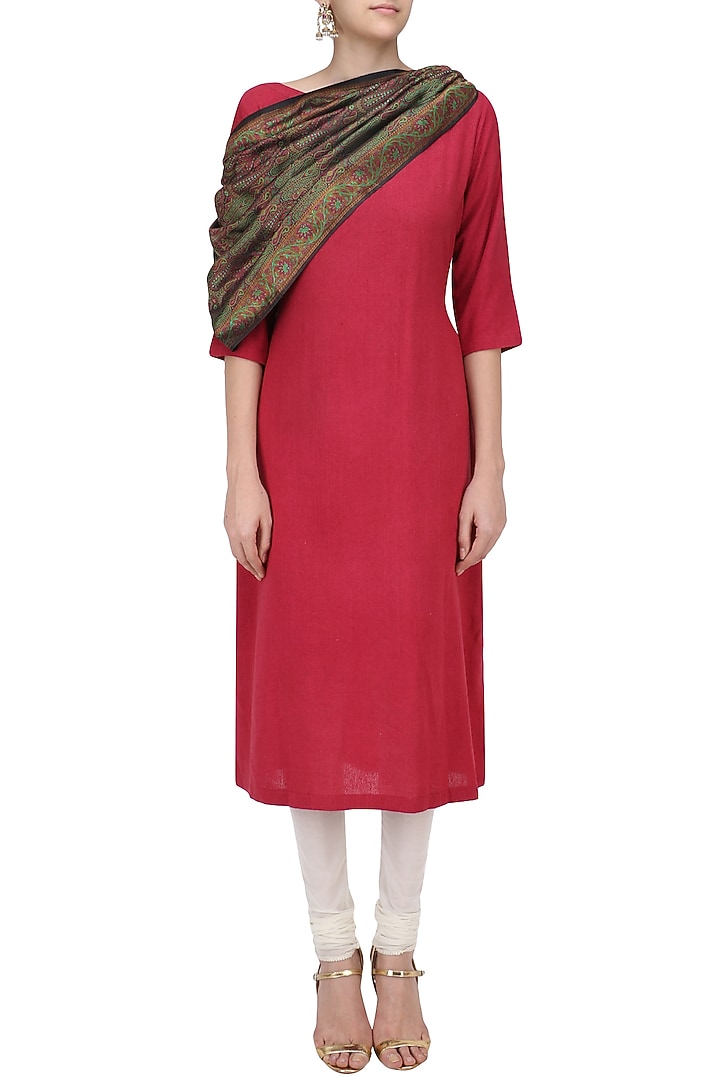 Black floral print banarasi handwoven tihra meena stole available only at Pernia's Pop Up Shop.