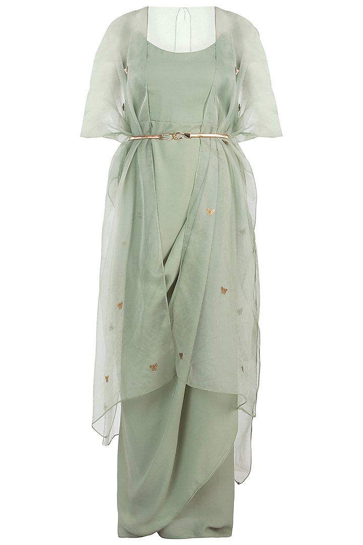 Sage Green Bodysuit With Kimono Style Cape by Rishi & Vibhuti
