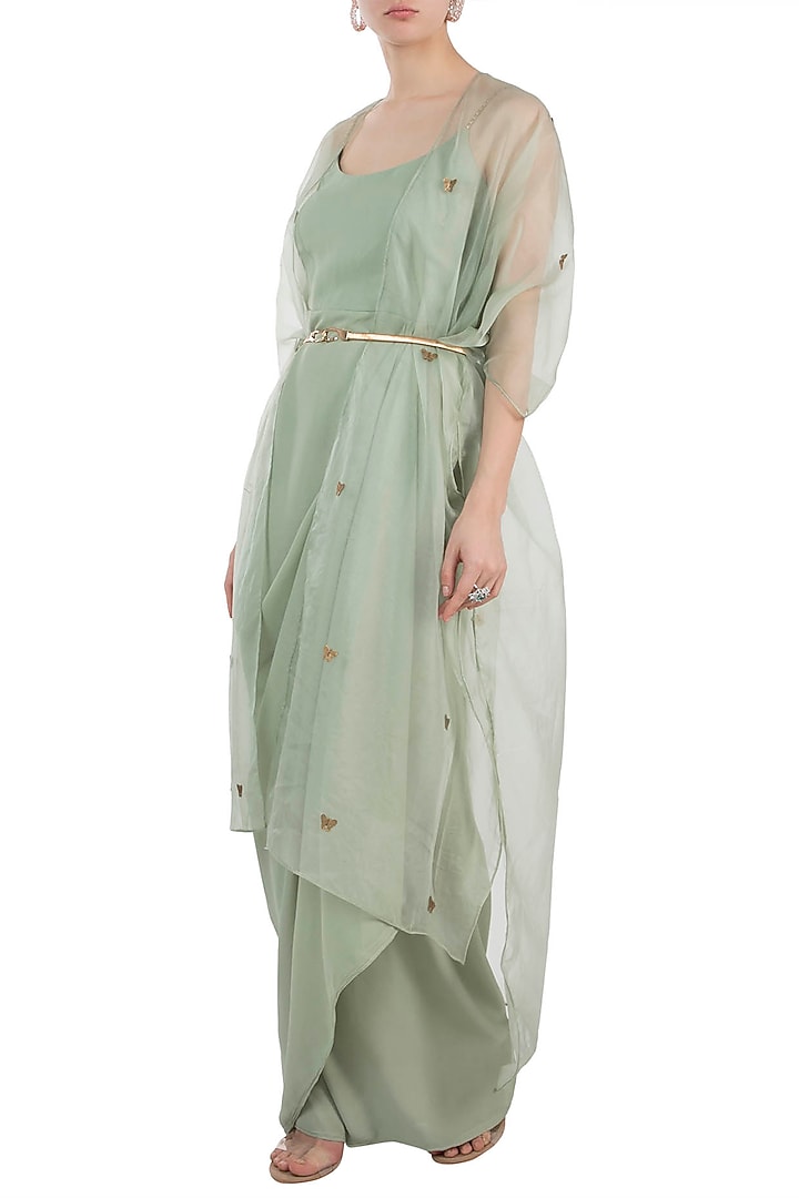 Sage Green Bodysuit With Kimono Style Cape by Rishi & Vibhuti at Pernia's Pop Up Shop
