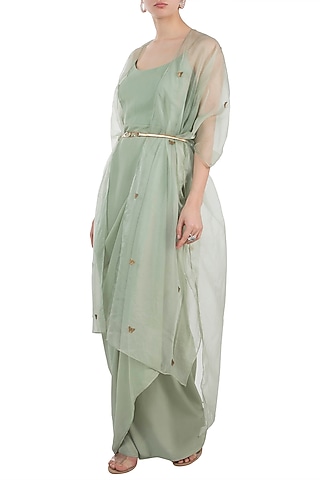 Sage Green Bodysuit With Kimono Style Cape by Rishi & Vibhuti