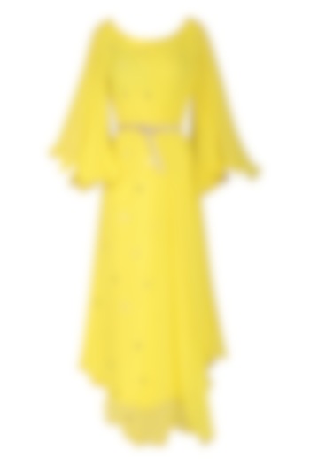 Yellow Asymmetrical Maxi Dress with Belt by Rishi & Vibhuti