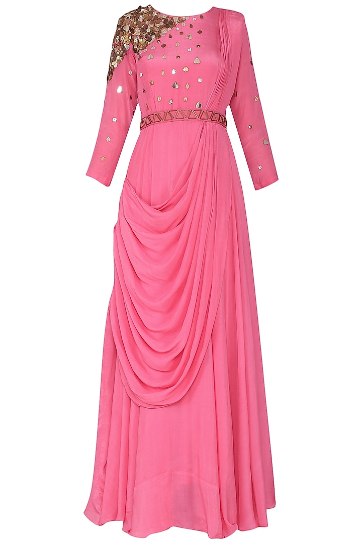Pink Embellished Drape Maxi Dress with Belt by Rishi & Vibhuti