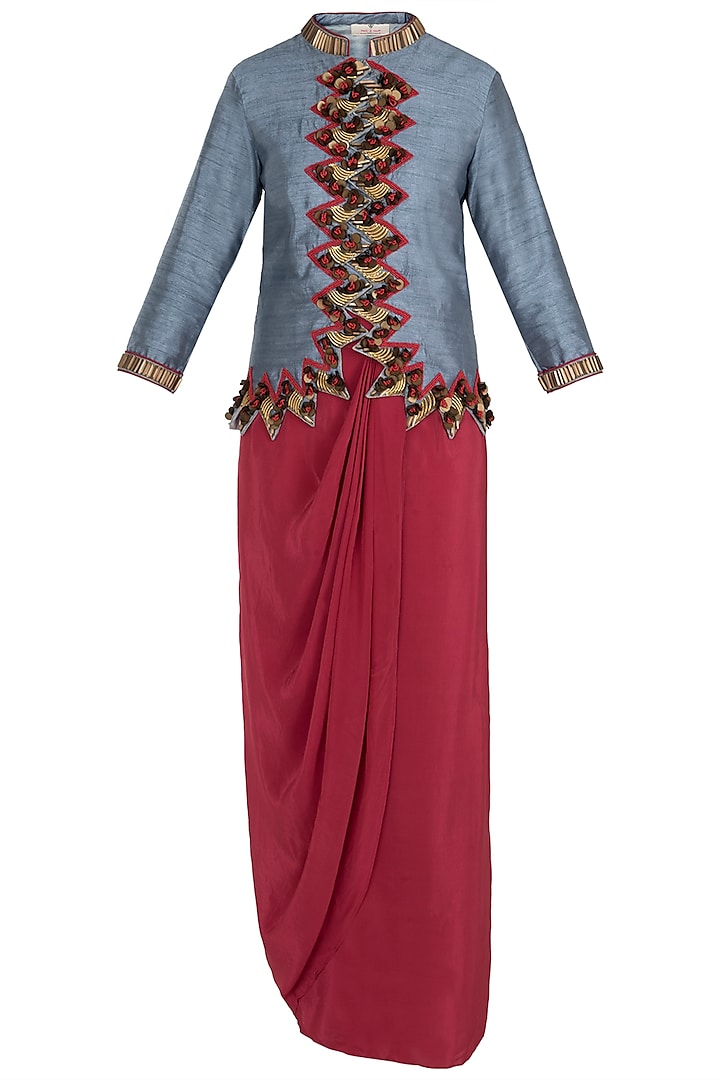 Grey Embellished Criss Cross Jacket with Drape Skirt and Tights by Rishi & Vibhuti