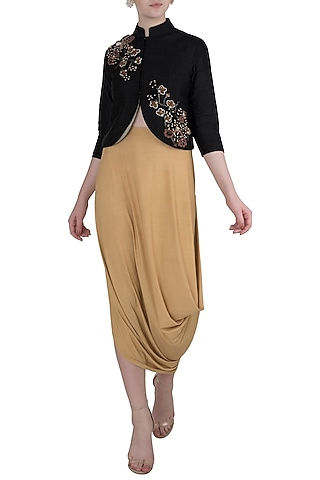 Black Crop Jacket with Drape Skirt by Rishi & Vibhuti