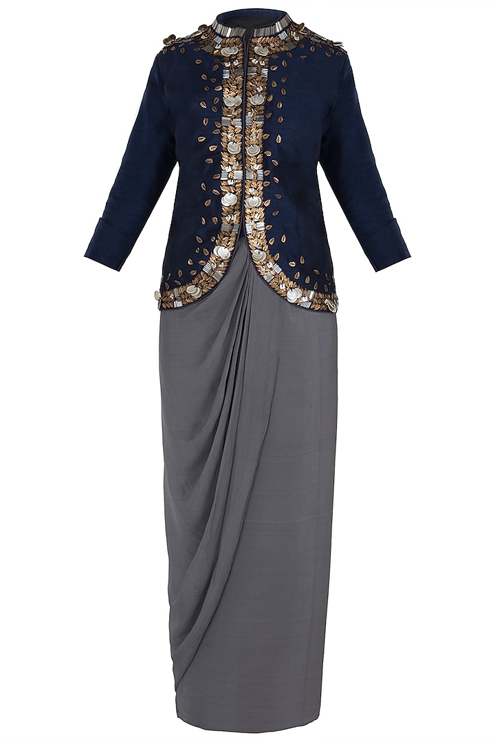 Blue Embellished Jacket with Grey Wrap Around Skirt by Rishi & Vibhuti