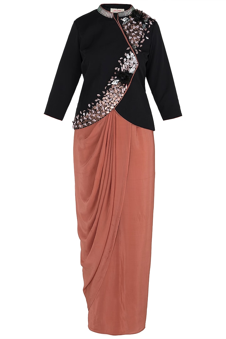Black Embellished Jacket with Old Rose Wrap Around Skirt by Rishi & Vibhuti