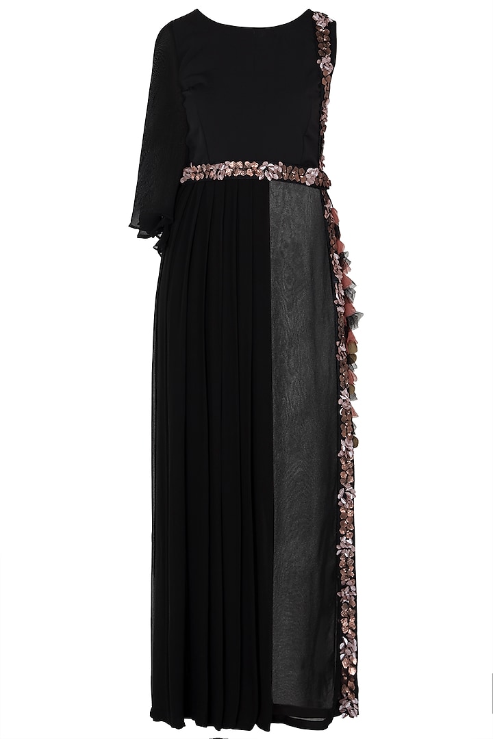 Black One Side Long Dress by Rishi & Vibhuti