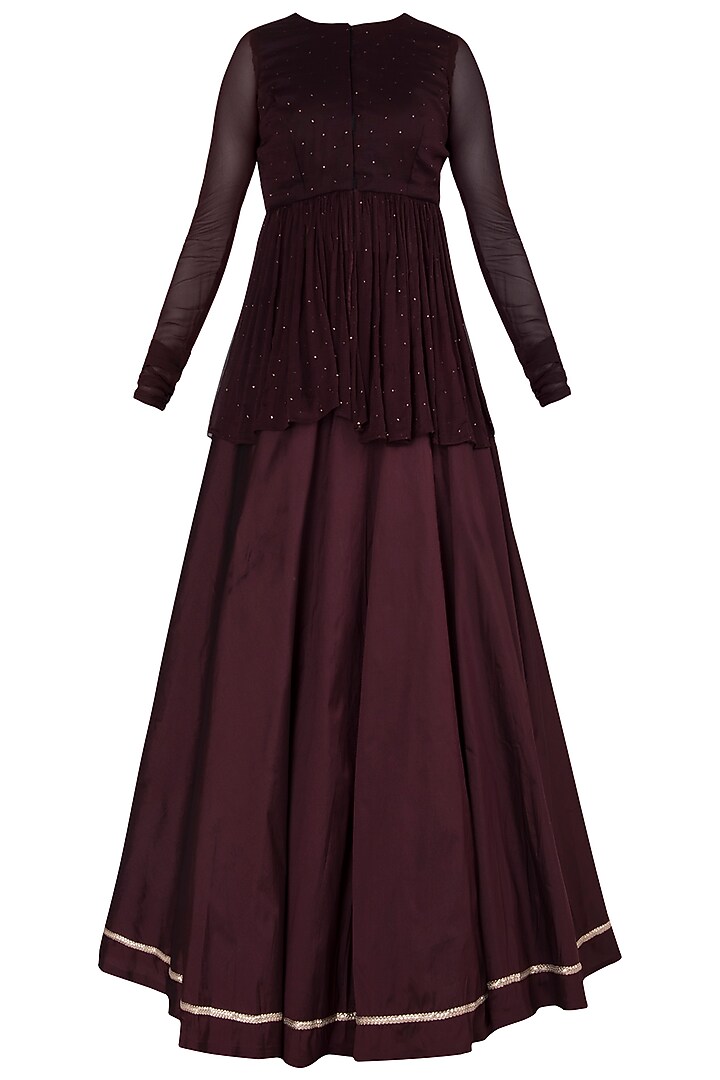 Wine peplum top with skirt and dupatta available only at Pernia's Pop Up Shop.