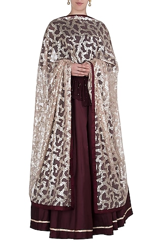 Wine Peplum Top with Skirt and Dupatta by Rishi & Vibhuti