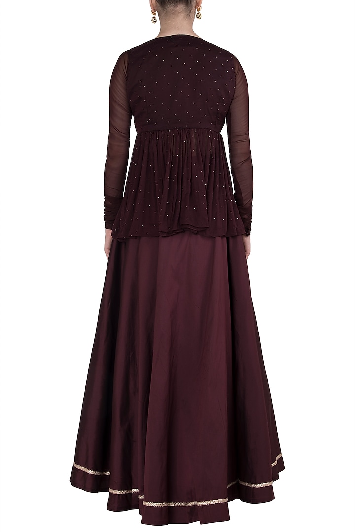 Wine peplum top with skirt and dupatta available only at Pernia's Pop Up Shop.