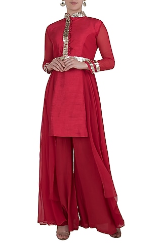 Red Boho Kurta with Flared Pants by Rishi & Vibhuti