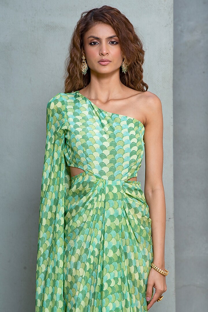 Green Crepe Printed Cut-Out Cocktail Dress by Rishi & Vibhuti at Pernia's Pop Up Shop