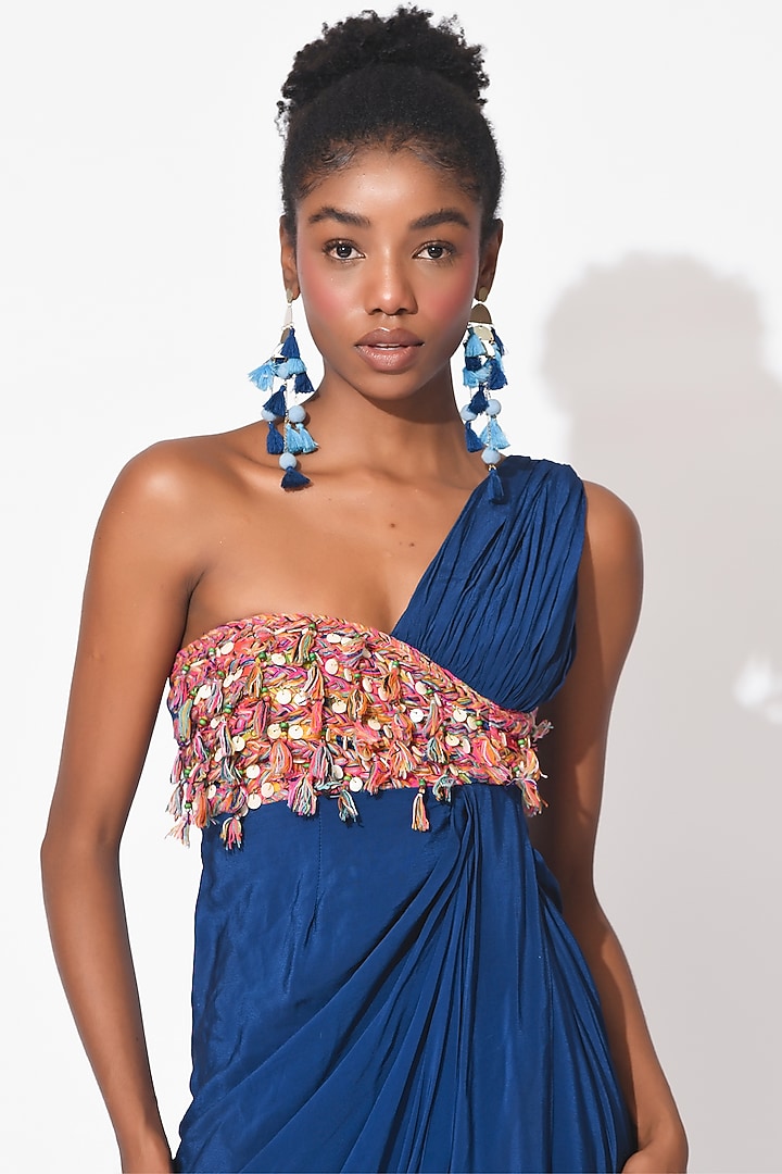 Electric Blue & Ochre Crepe Cutwork Bodysuit Cocktail Dress by Rishi & Vibhuti at Pernia's Pop Up Shop