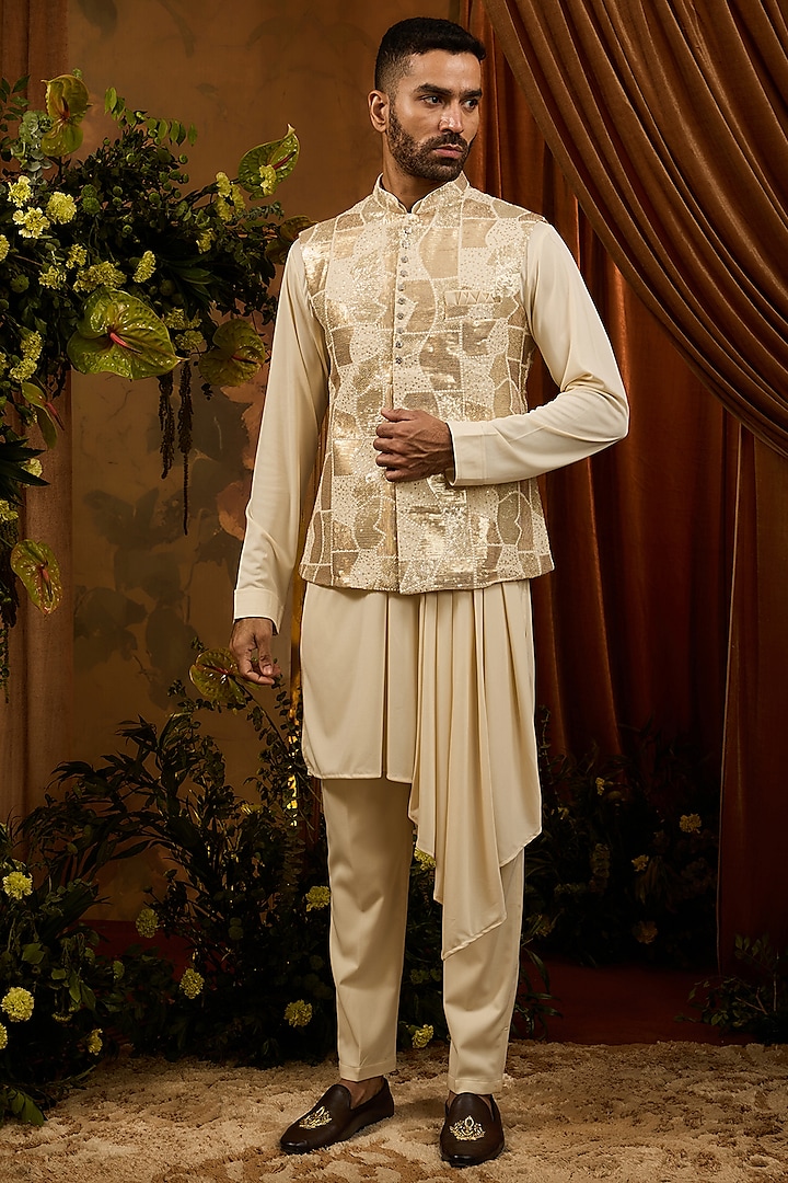 Beige Silk Sequins Work Nehru Jacket Set by RIYAASAT