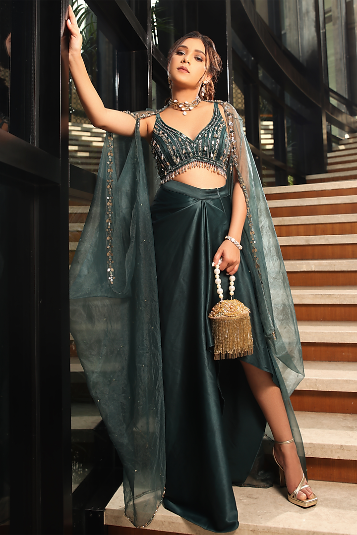 Evergreen Satin Organza Draped Skirt Set by Divya Aggarwal