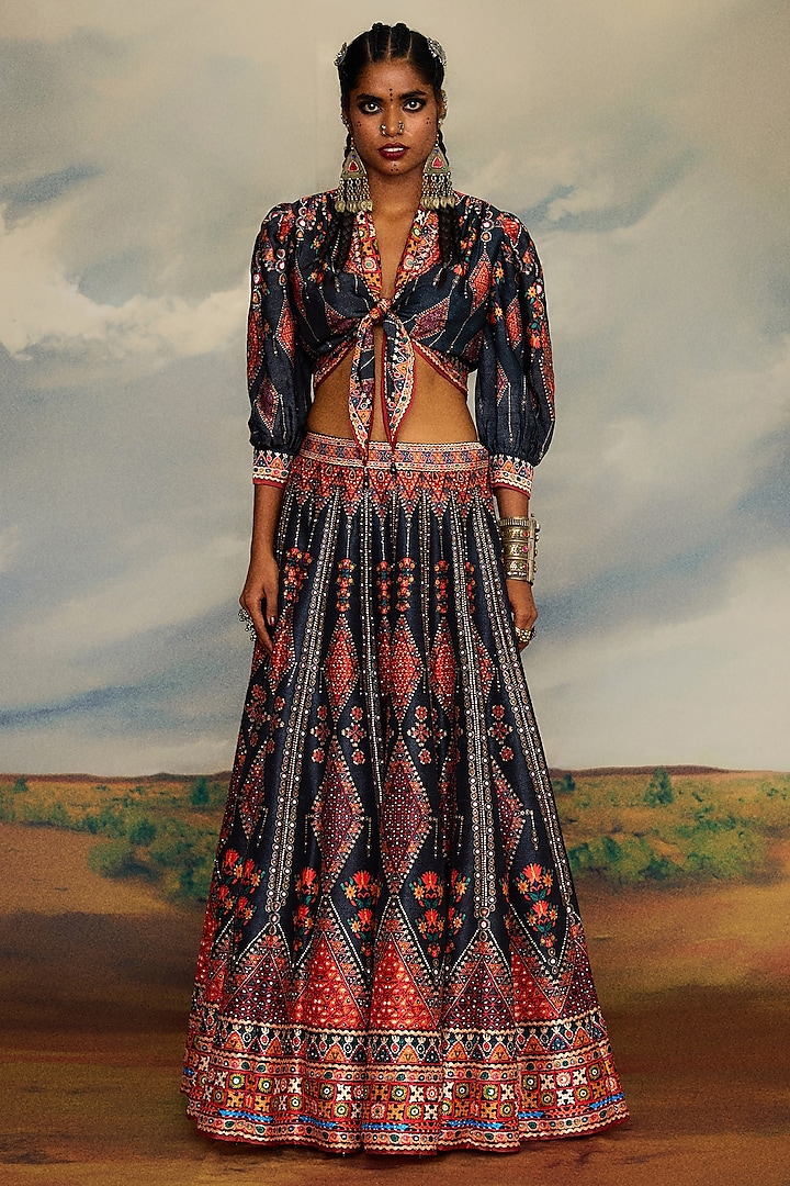 Charcoal Modal Satin & Silk Dupion Printed Skirt Set by Rajdeep Ranawat