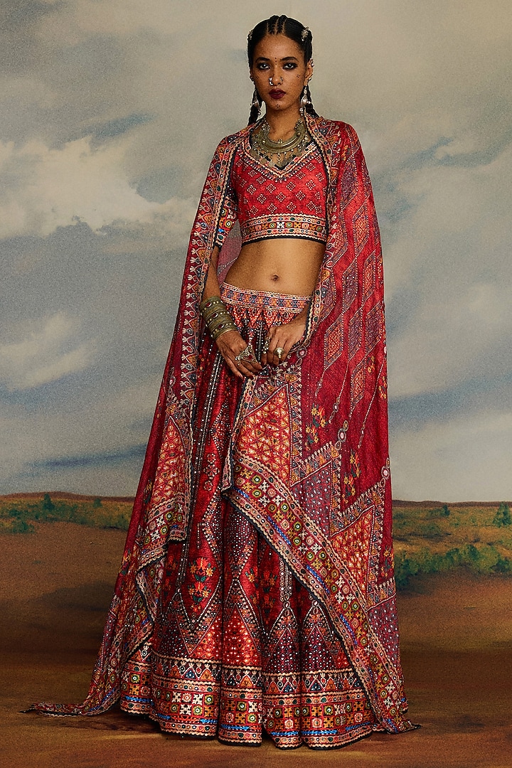 Red Silk Printed Skirt Set by Rajdeep Ranawat at Pernia's Pop Up Shop