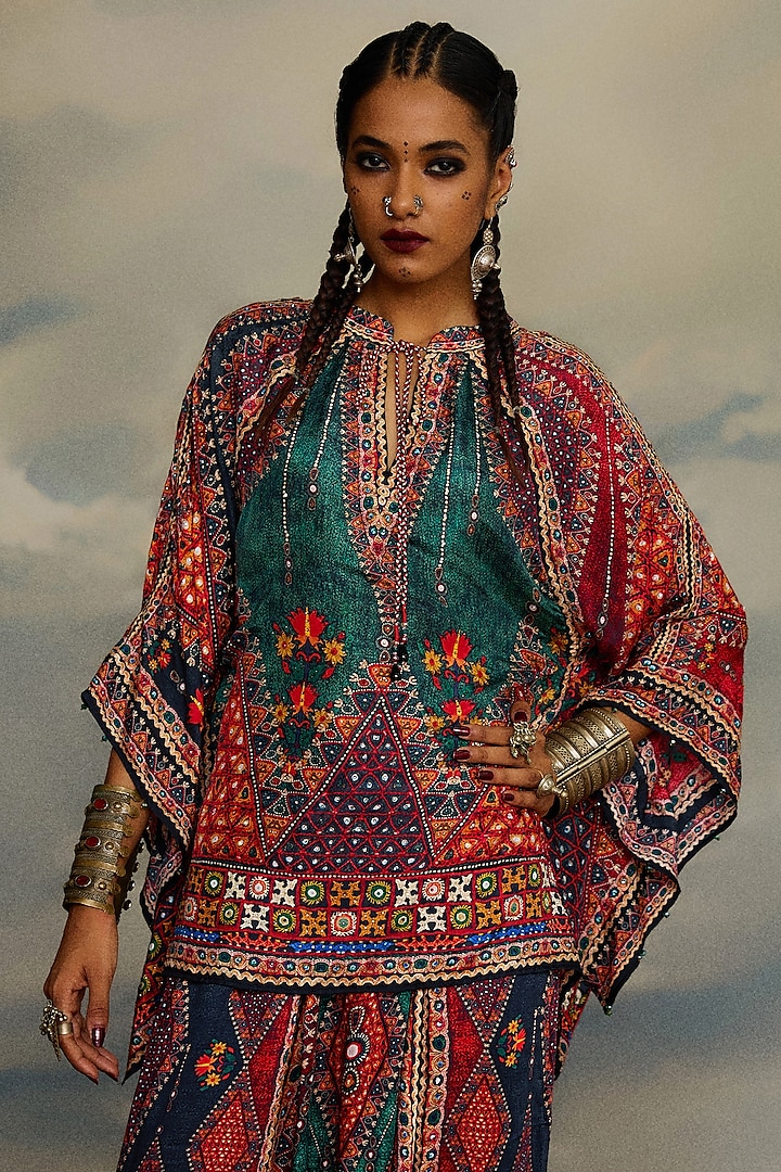 Multi-Colored Silk Printed Poncho by Rajdeep Ranawat