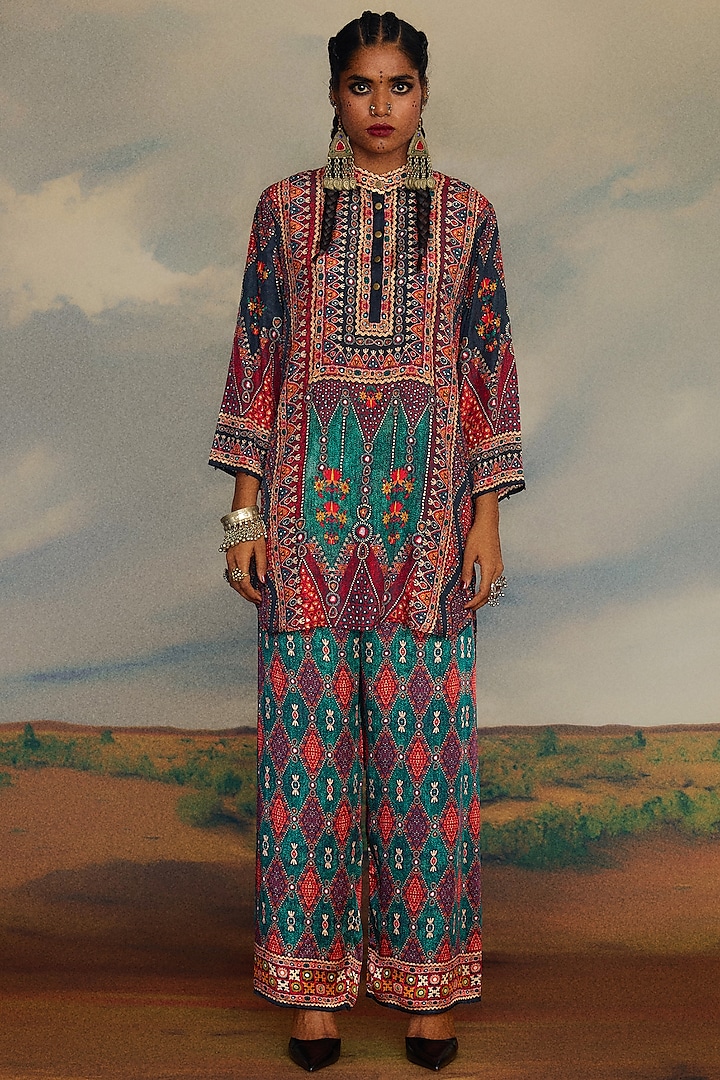 Multi-Colored Silk Printed High-Low Tunic by Rajdeep Ranawat