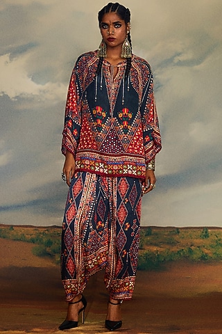 Charcoal Silk Printed Poncho Top by Rajdeep Ranawat