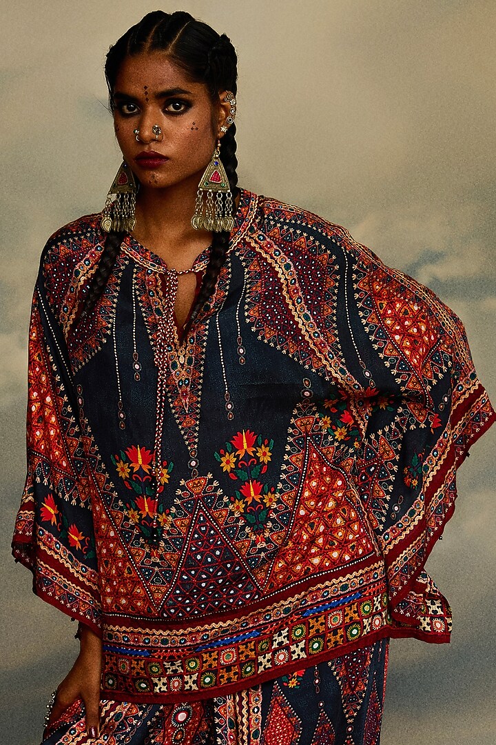 Charcoal Silk Printed Poncho Top by Rajdeep Ranawat at Pernia's Pop Up Shop