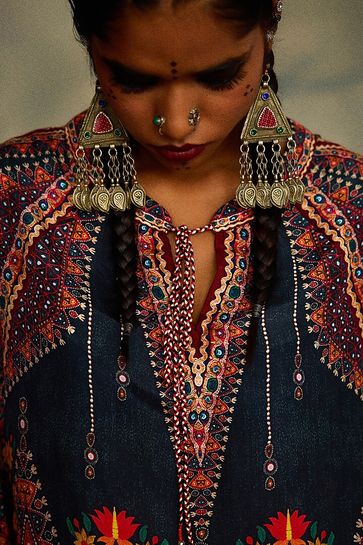 Charcoal Silk Printed Poncho Top by Rajdeep Ranawat at Pernia's Pop Up Shop