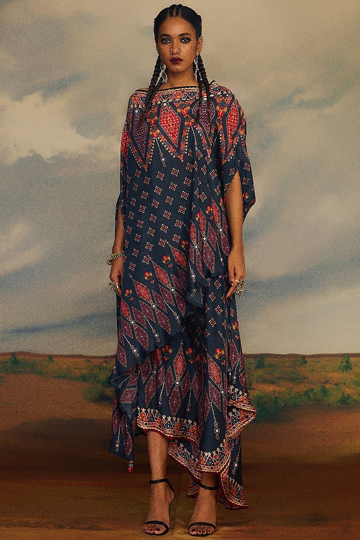Charcoal Silk & Modal Satin Printed Skirt Set by Rajdeep Ranawat