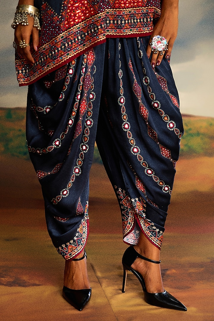 Charcoal Modal Satin Printed Afghani Dhoti Pants by Rajdeep Ranawat