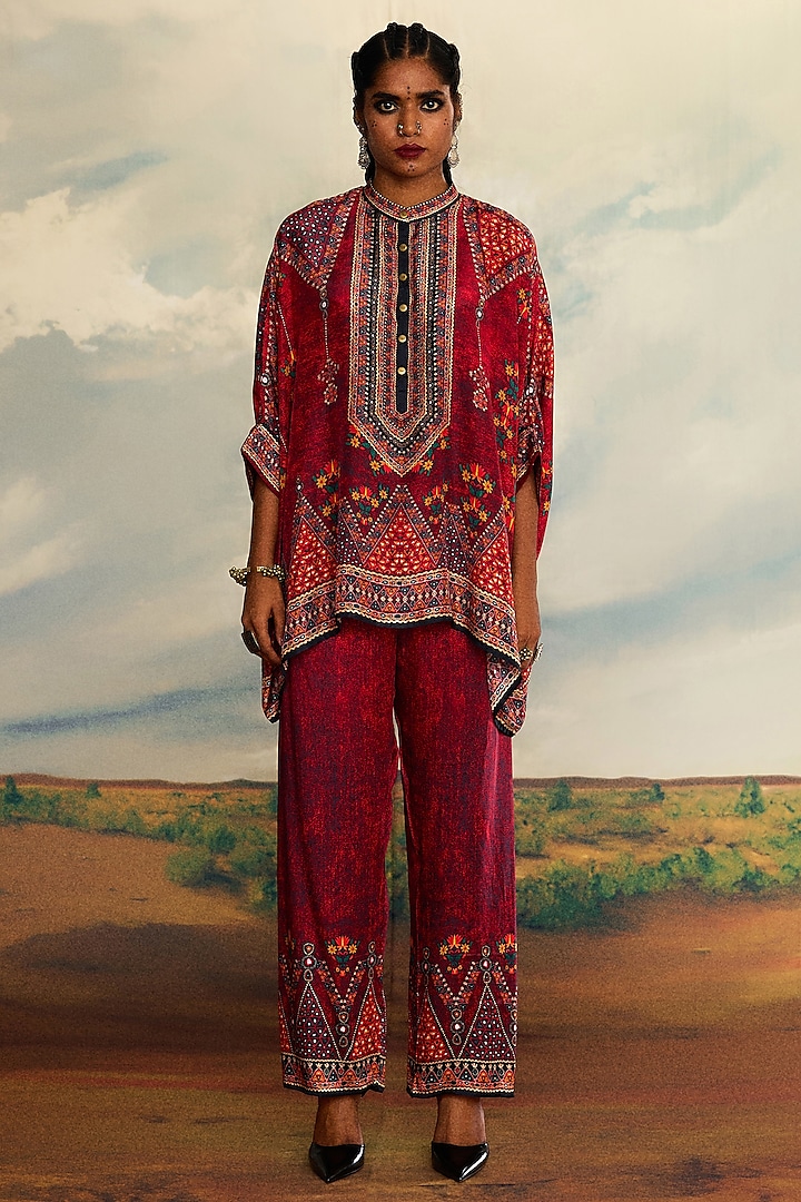 Red Silk Printed Tunic by Rajdeep Ranawat