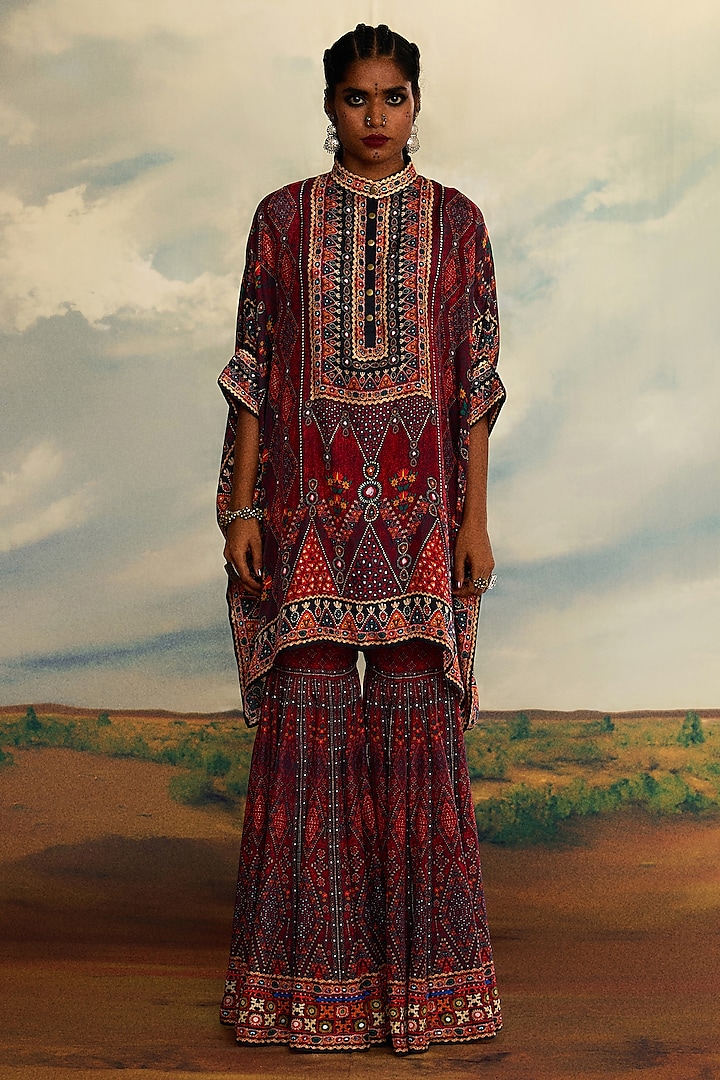 Red Silk Printed Tunic by Rajdeep Ranawat at Pernia's Pop Up Shop