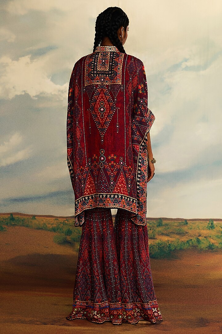 Red Modal Satin Printed Sharara Pants by Rajdeep Ranawat at Pernia's Pop Up Shop