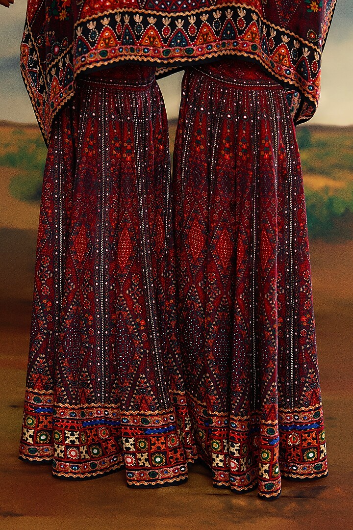 Red Modal Satin Printed Sharara Pants by Rajdeep Ranawat at Pernia's Pop Up Shop