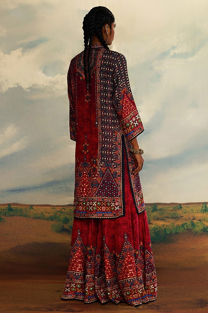 Red Modal Satin Printed Gharara Pants by Rajdeep Ranawat at Pernia's Pop Up Shop