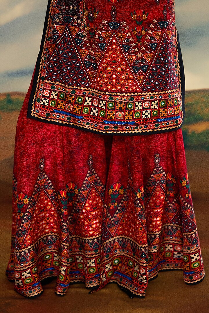 Red Modal Satin Printed Gharara Pants by Rajdeep Ranawat at Pernia's Pop Up Shop