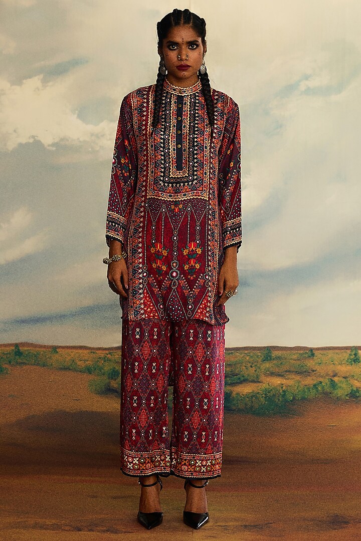 Red Silk Printed High-Low Tunic by Rajdeep Ranawat at Pernia's Pop Up Shop