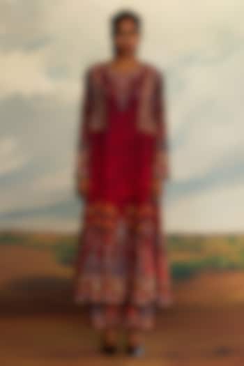 Red Silk Printed Paneled Shirt Dress by Rajdeep Ranawat