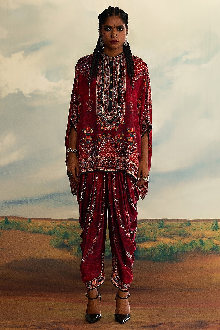 Red Modal Satin Printed Afghani Dhoti Pants by Rajdeep Ranawat