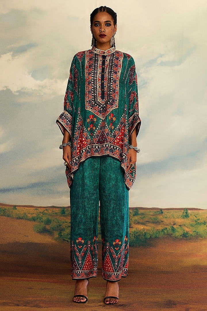 Teal Silk Printed Tunic by Rajdeep Ranawat