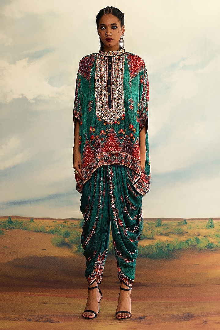 Teal Silk Printed & Embroidered Tunic by Rajdeep Ranawat