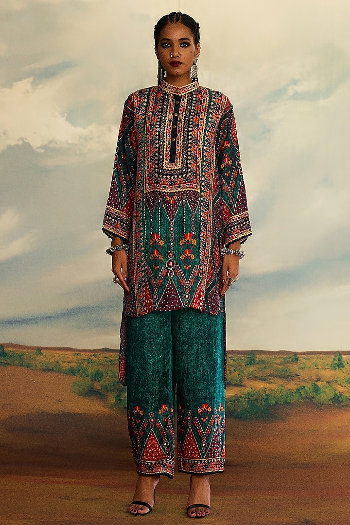 Teal Silk Printed High-Low Tunic by Rajdeep Ranawat