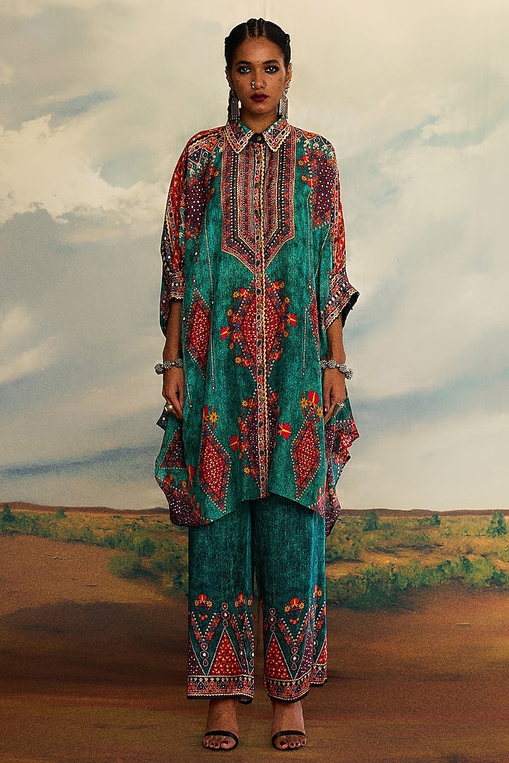 Teal Silk Printed Shirt by Rajdeep Ranawat