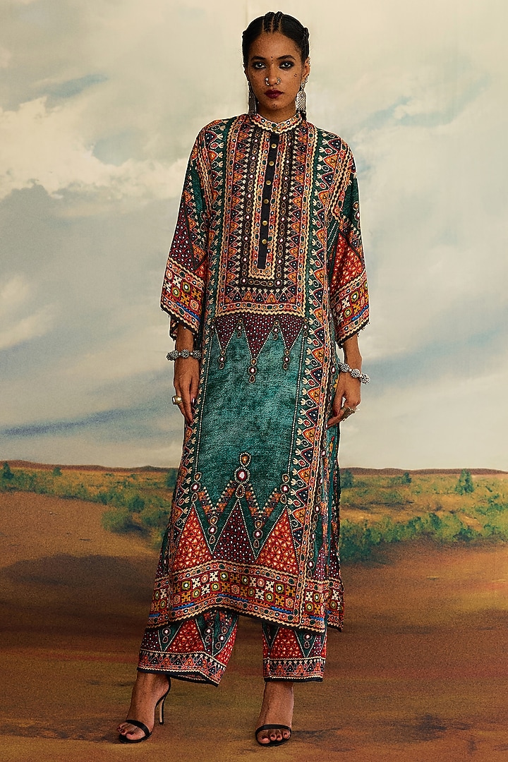 Teal Silk Printed Long Paneled Tunic by Rajdeep Ranawat